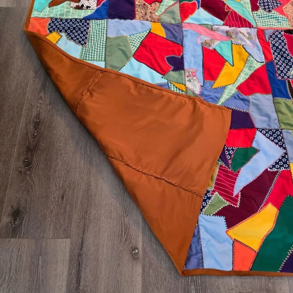 Vintage 70s Quilt Blanket Embroidered Patchwork Colorful 58